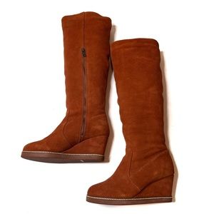 NEW Soft Surroundings Brown Suede Shearling Tall Wedge Boots 7-7.5